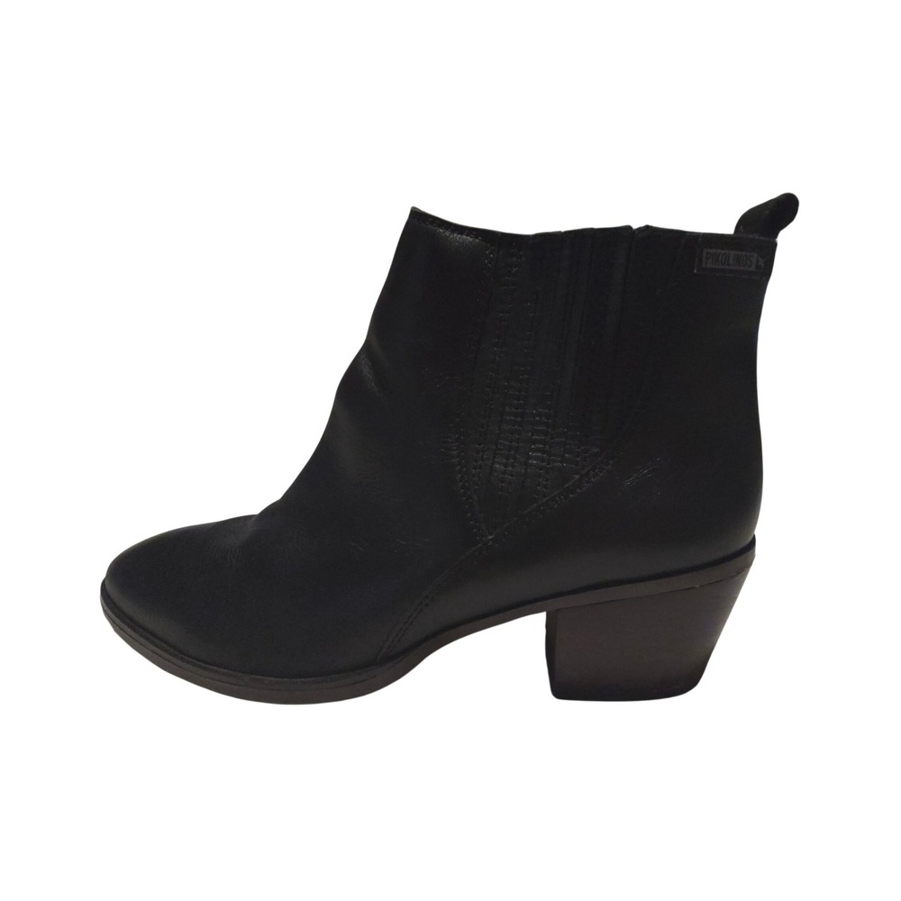 Pikolinos Black Leather Ankle Boots Block Heel Side Zip Booties Size 39 8.5 EUC‎